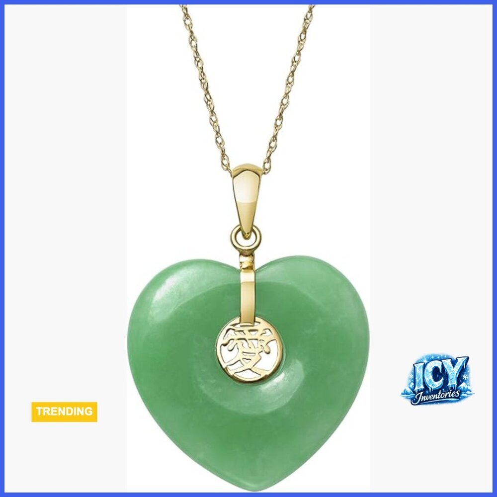 14K Yellow Gold Jade Heart Pendant Necklace with Rope Chain